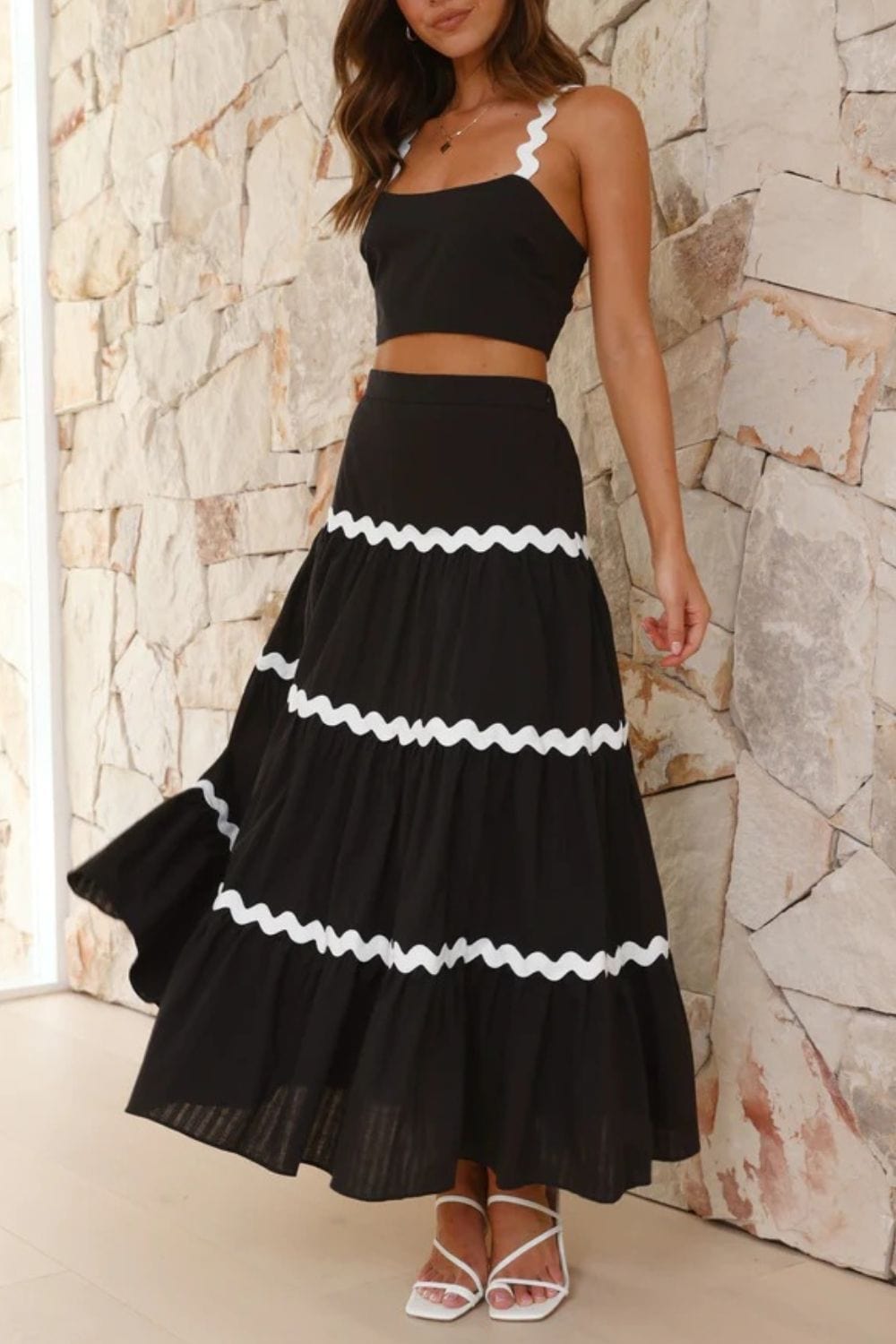 Contrast Trim Cami and Maxi Skirt Set Black / S The Nichole Collection