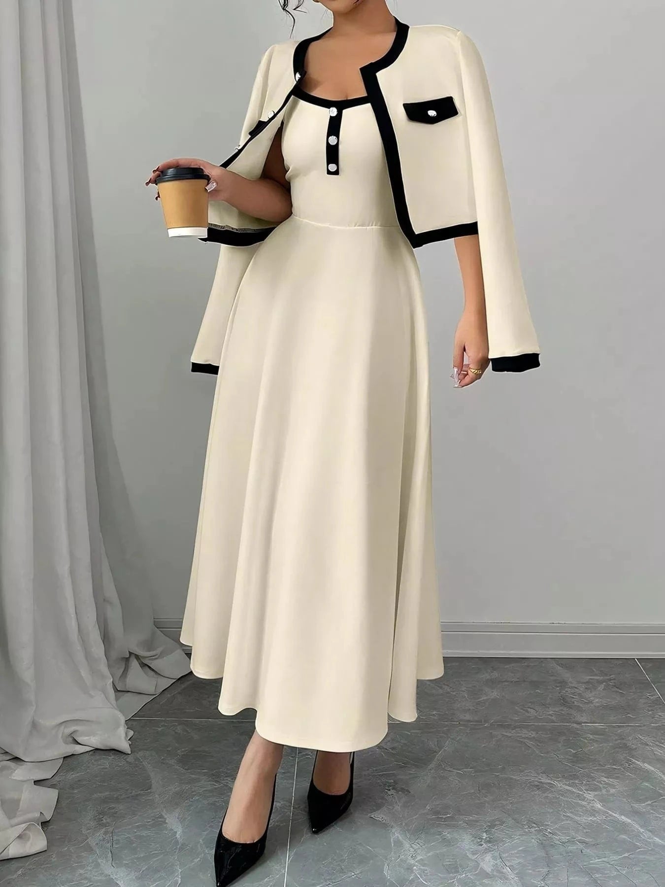 Contrast Trim Maxi Dress and Cropped Cardigan Set The Nichole Collection
