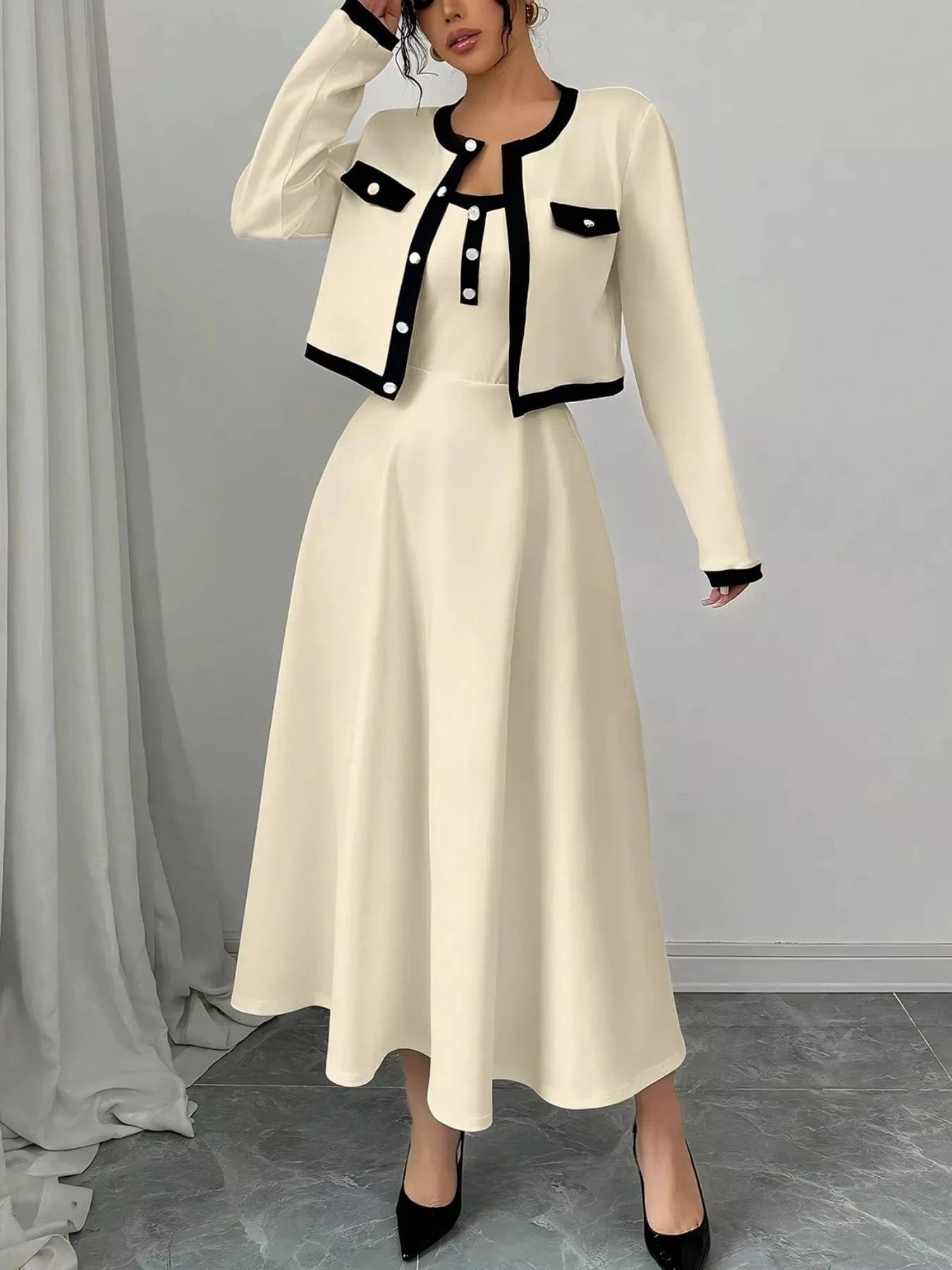 Contrast Trim Maxi Dress and Cropped Cardigan Set The Nichole Collection