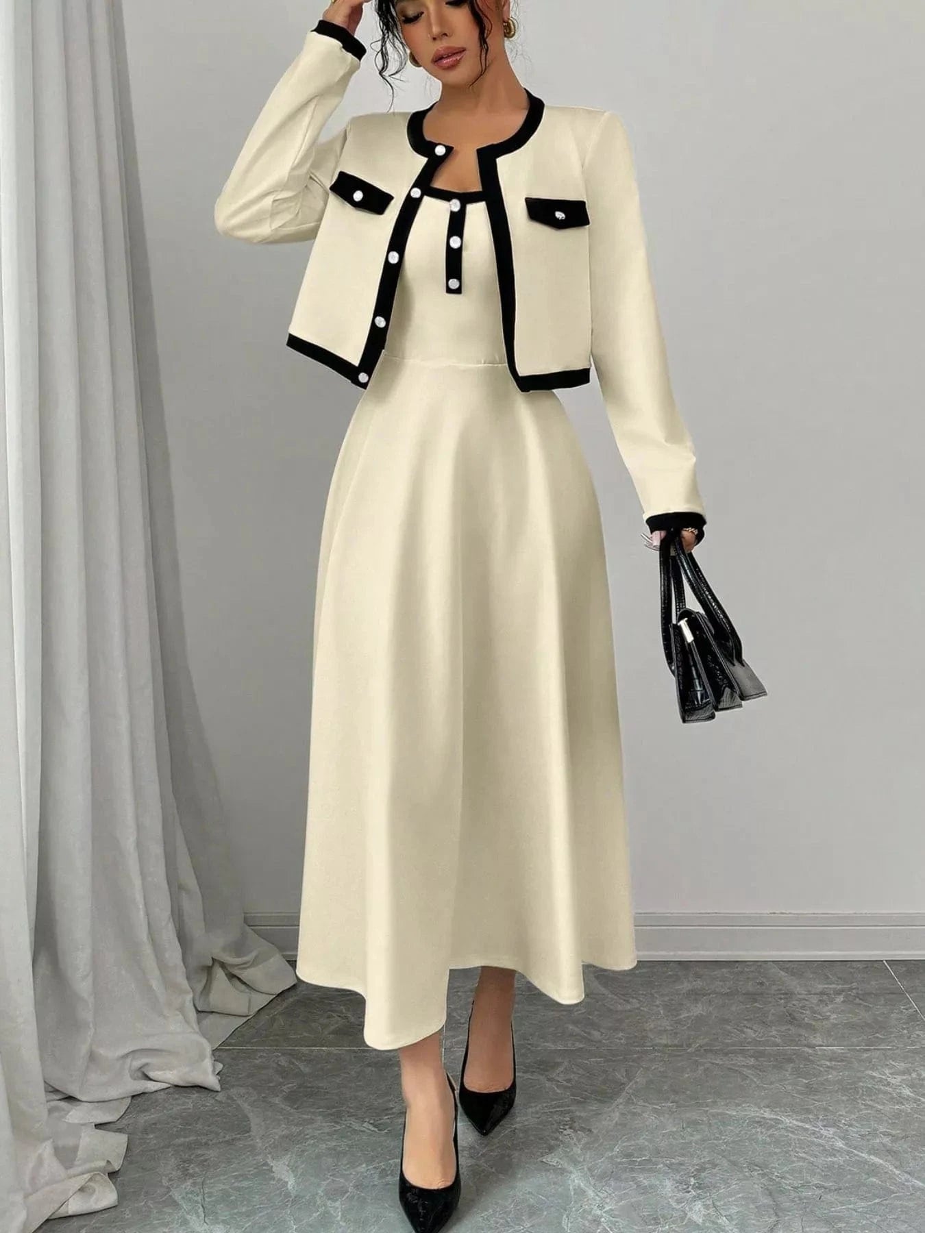 Contrast Trim Maxi Dress and Cropped Cardigan Set Cream / S The Nichole Collection