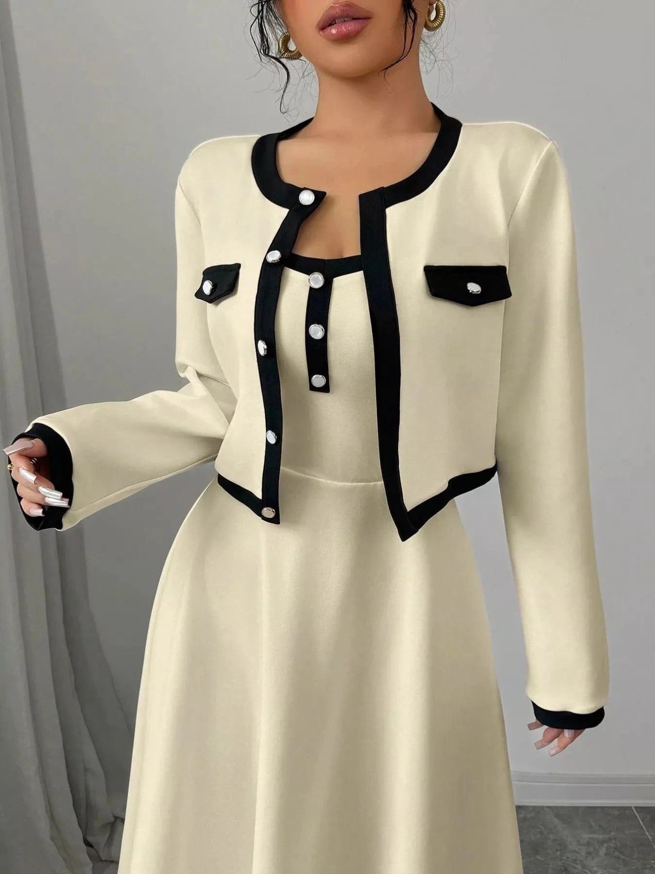 Contrast Trim Maxi Dress and Cropped Cardigan Set The Nichole Collection