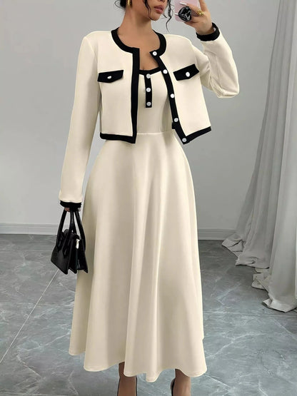 Contrast Trim Maxi Dress and Cropped Cardigan Set The Nichole Collection