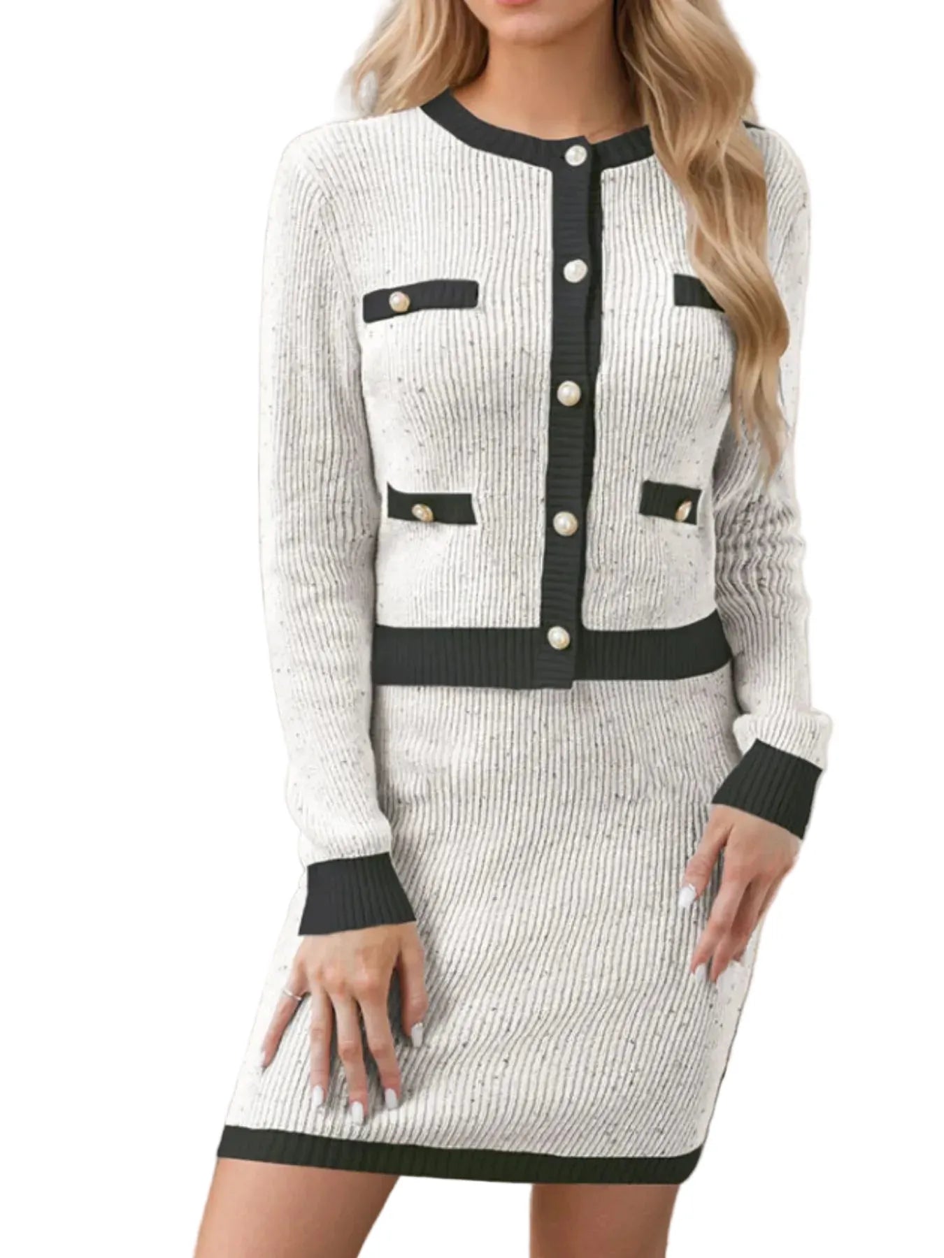 Contrast Trim Ribbed Top and Skirt Sweater Set White Black / S The Nichole Collection