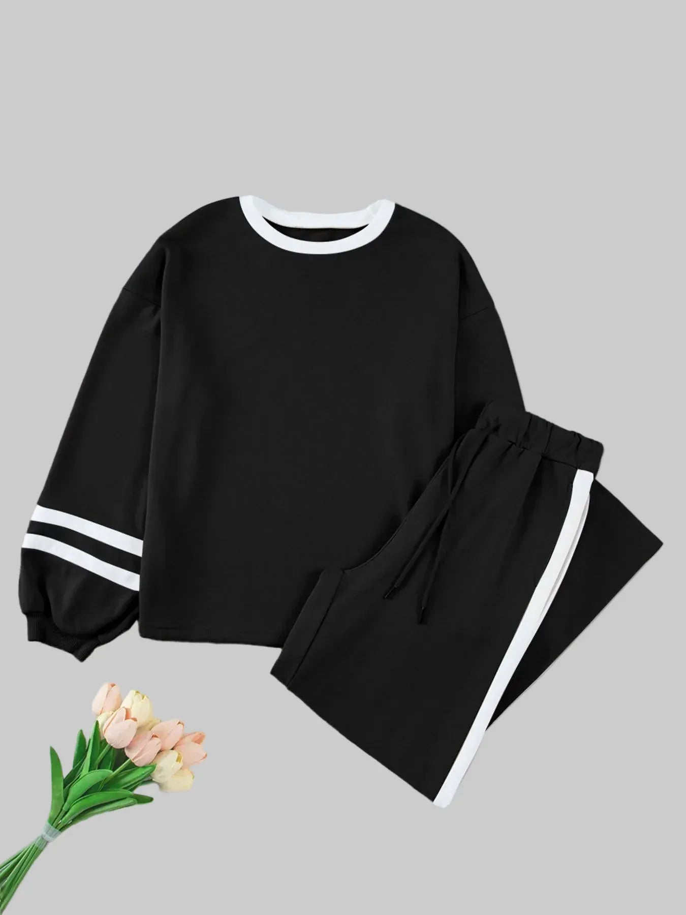 Contrast Trim Round Neck Top and Pants Set Women's Sets The Nichole Collection