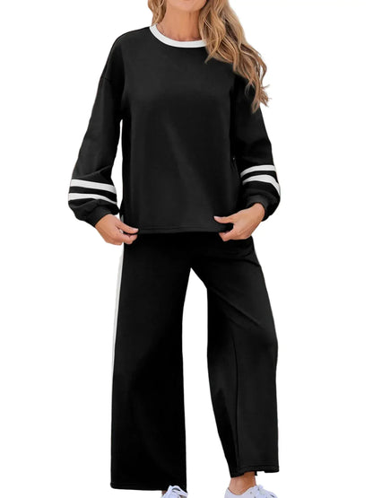 Contrast Trim Round Neck Top and Pants Set Women's Sets The Nichole Collection