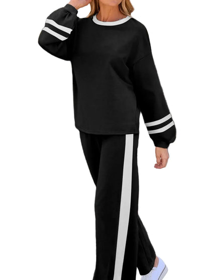 Contrast Trim Round Neck Top and Pants Set Women's Sets The Nichole Collection