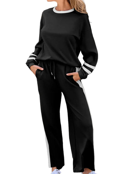 Contrast Trim Round Neck Top and Pants Set Women's Sets The Nichole Collection