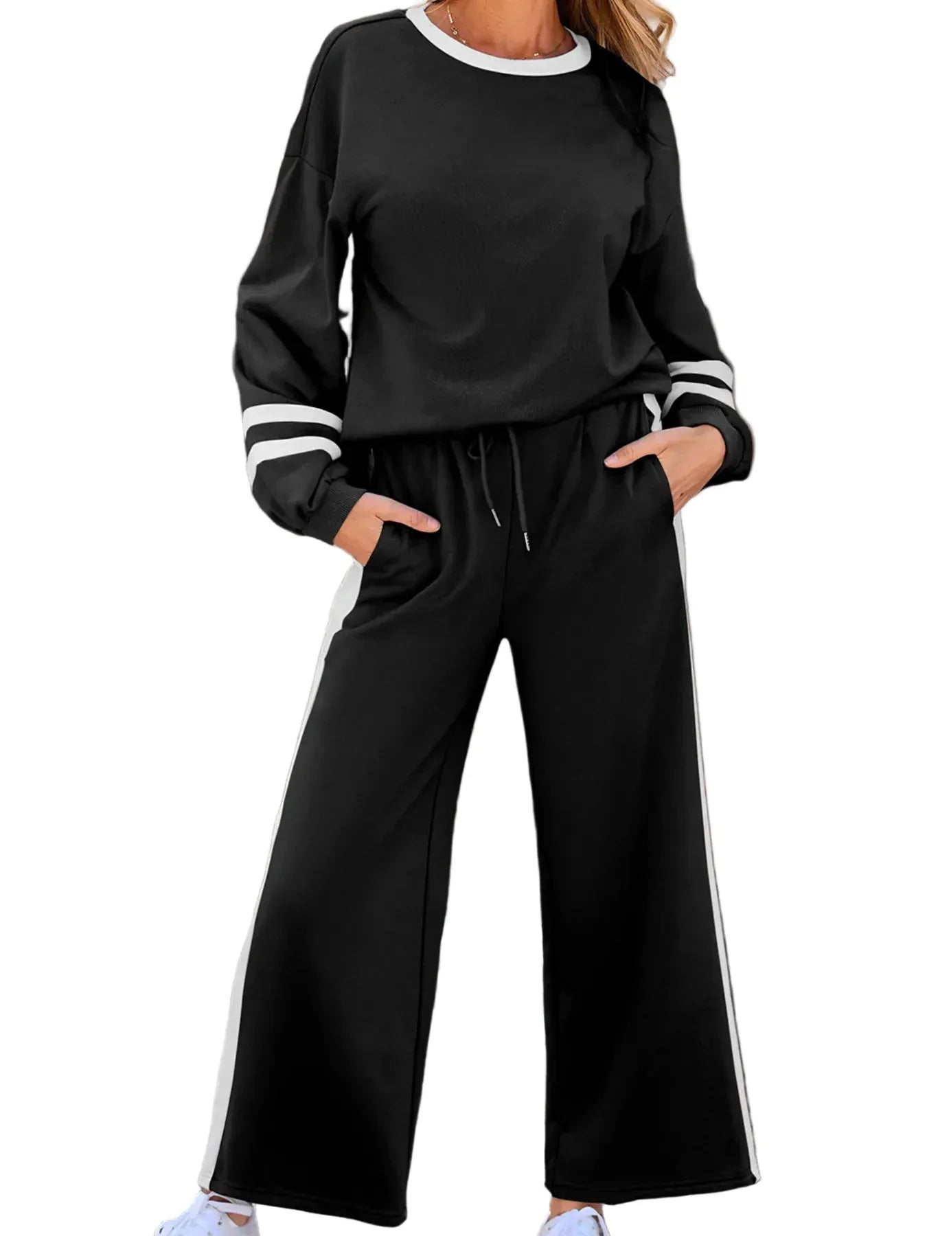 Contrast Trim Round Neck Top and Pants Set Women's Sets Black / S The Nichole Collection