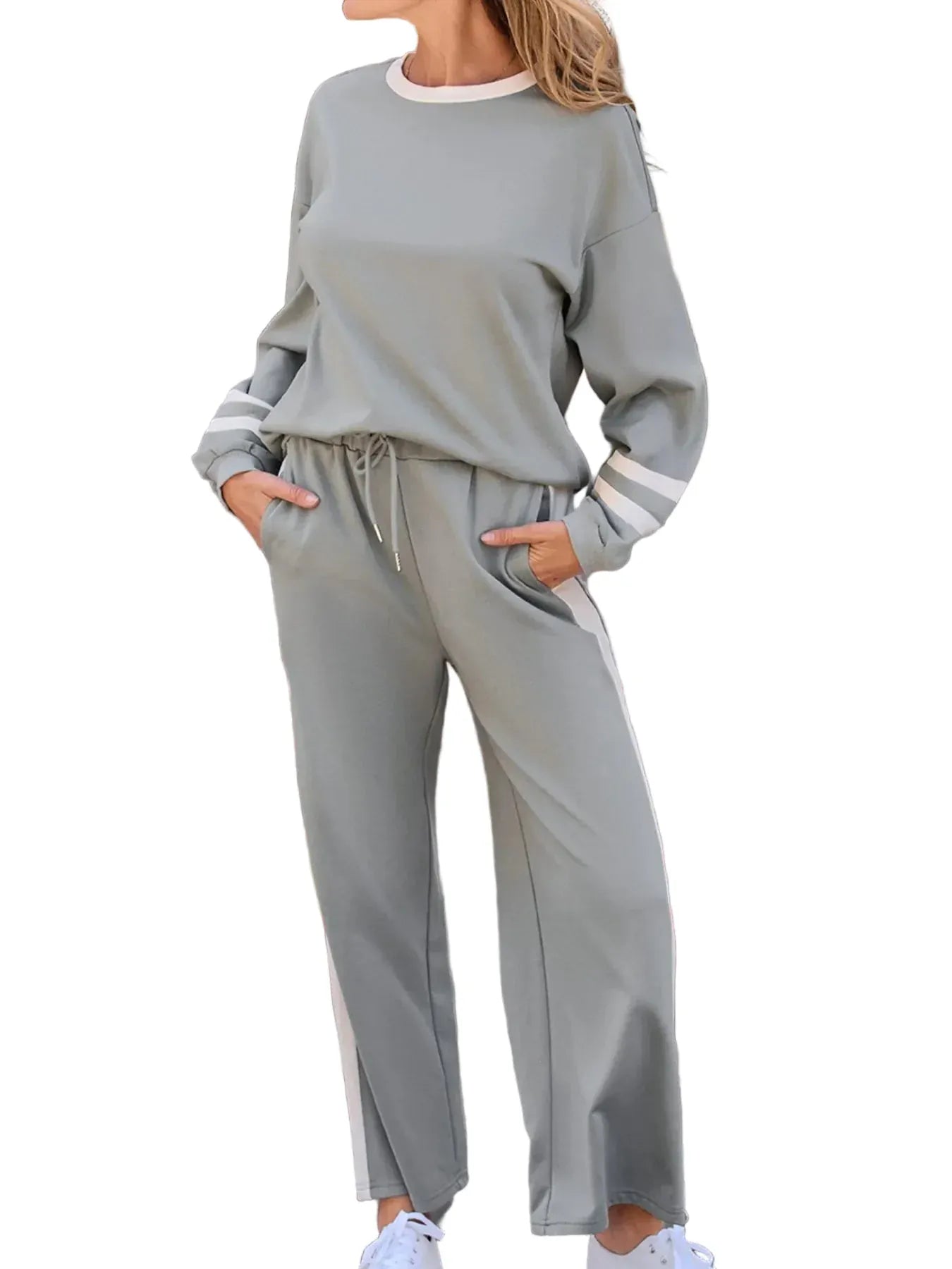 Contrast Trim Round Neck Top and Pants Set Women's Sets The Nichole Collection