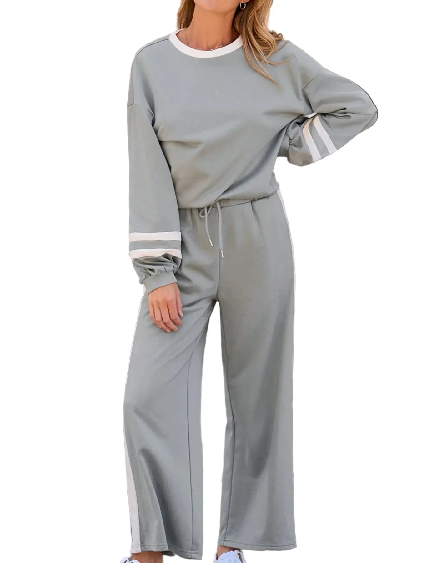 Contrast Trim Round Neck Top and Pants Set Women's Sets The Nichole Collection