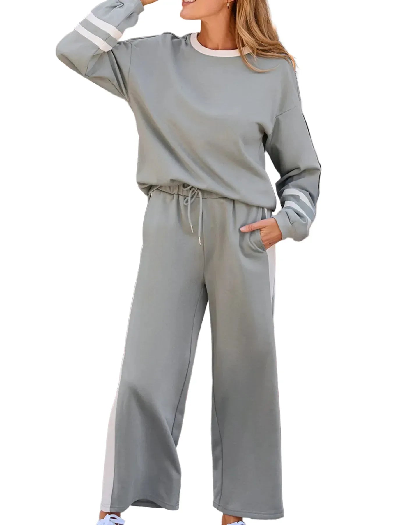 Contrast Trim Round Neck Top and Pants Set Women's Sets The Nichole Collection