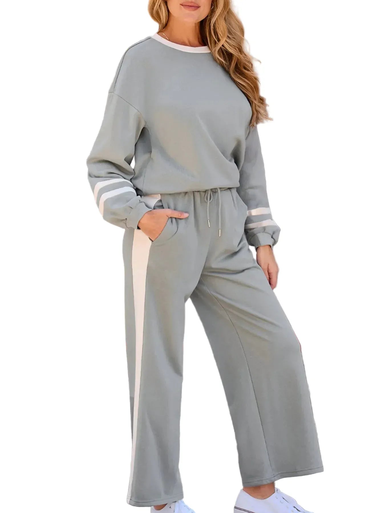 Contrast Trim Round Neck Top and Pants Set Women's Sets The Nichole Collection