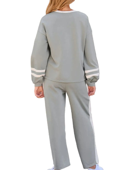 Contrast Trim Round Neck Top and Pants Set Women's Sets The Nichole Collection