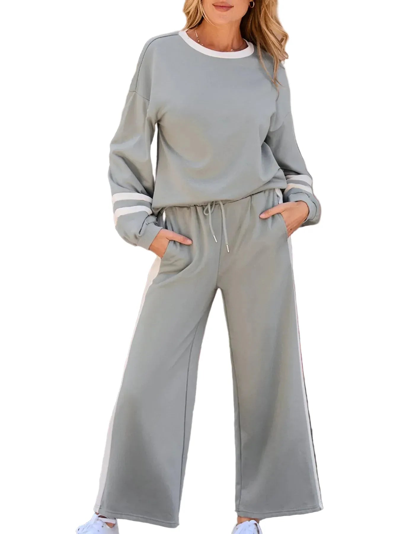 Contrast Trim Round Neck Top and Pants Set Women's Sets Gray / S The Nichole Collection