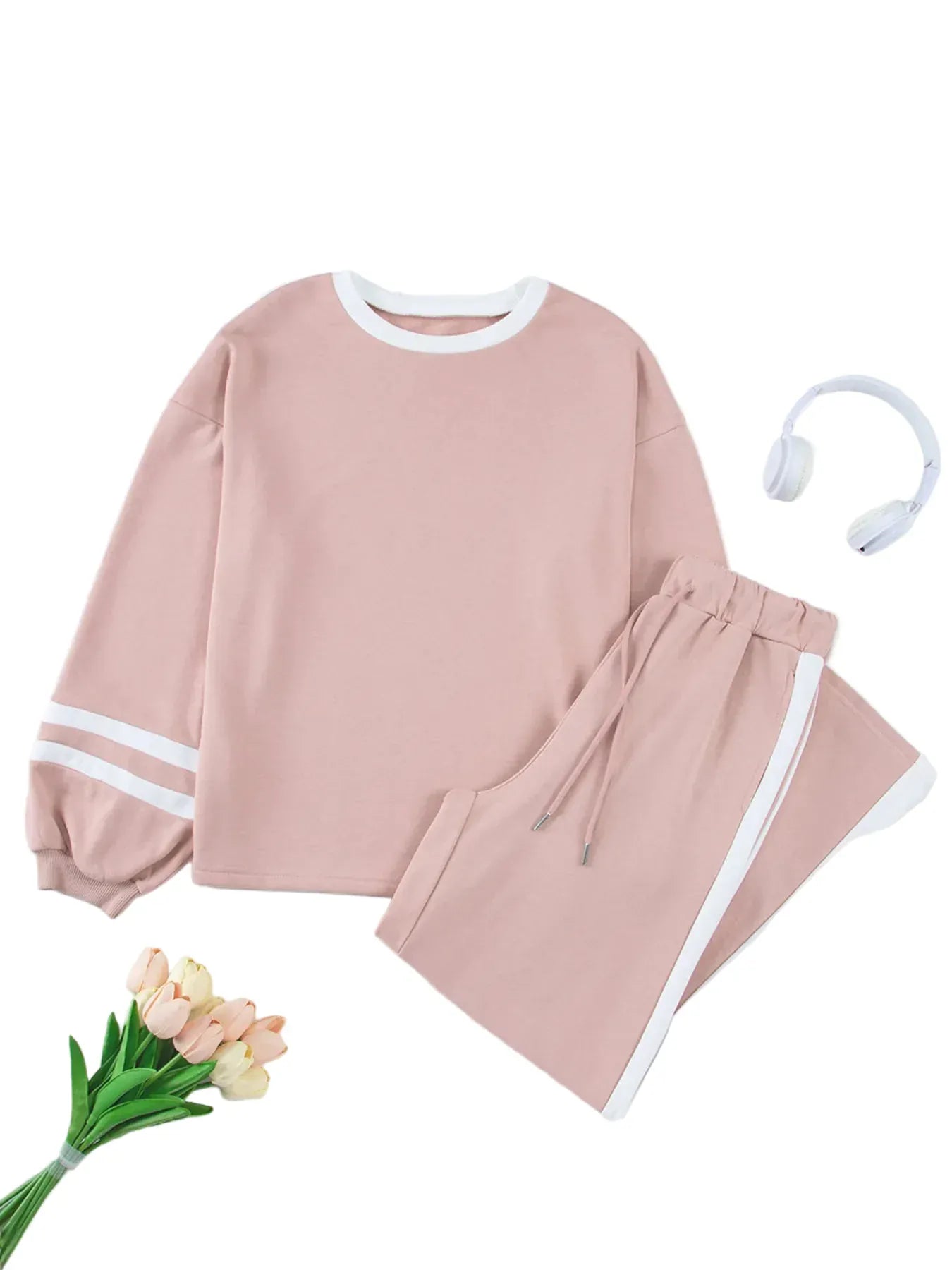 Contrast Trim Round Neck Top and Pants Set Women's Sets The Nichole Collection