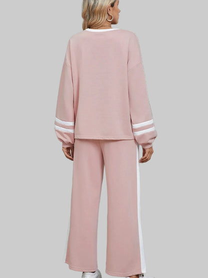 Contrast Trim Round Neck Top and Pants Set Women's Sets The Nichole Collection