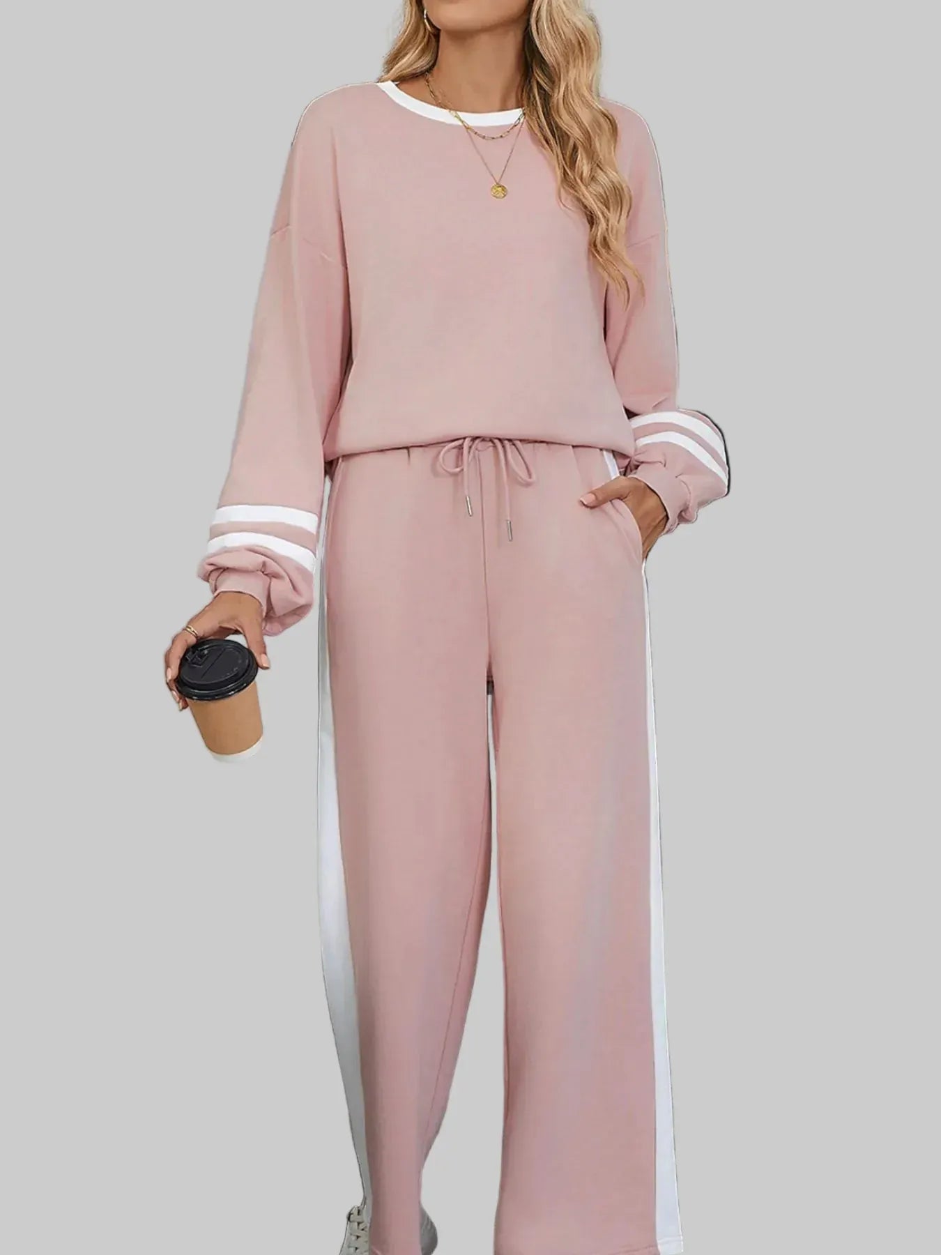 Contrast Trim Round Neck Top and Pants Set Women's Sets Dusty Pink / S The Nichole Collection