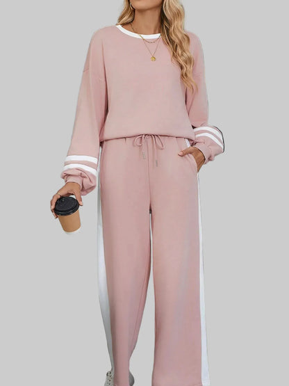 Contrast Trim Round Neck Top and Pants Set Women's Sets Dusty Pink / S The Nichole Collection