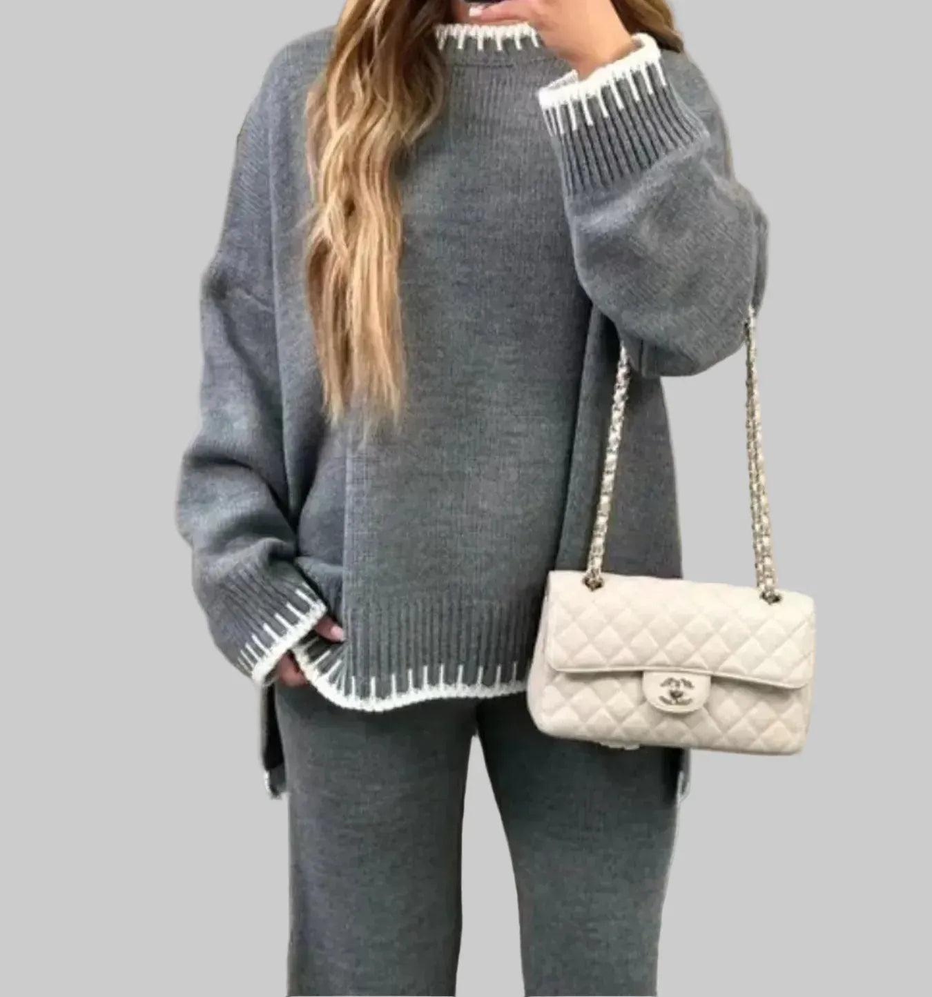 Contrast Trim Round Neck Top and Pants Sweater Set Gray / S The Nichole Collection