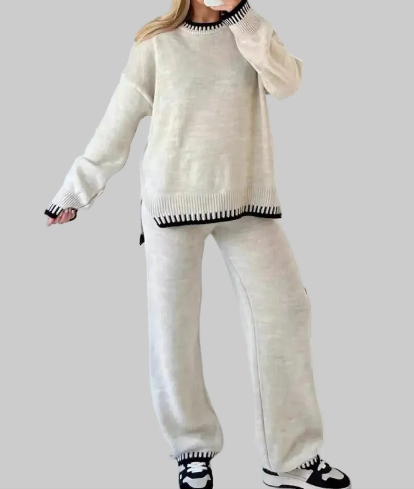 Contrast Trim Round Neck Top and Pants Sweater Set The Nichole Collection