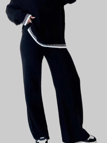 Contrast Trim Round Neck Top and Pants Sweater Set The Nichole Collection