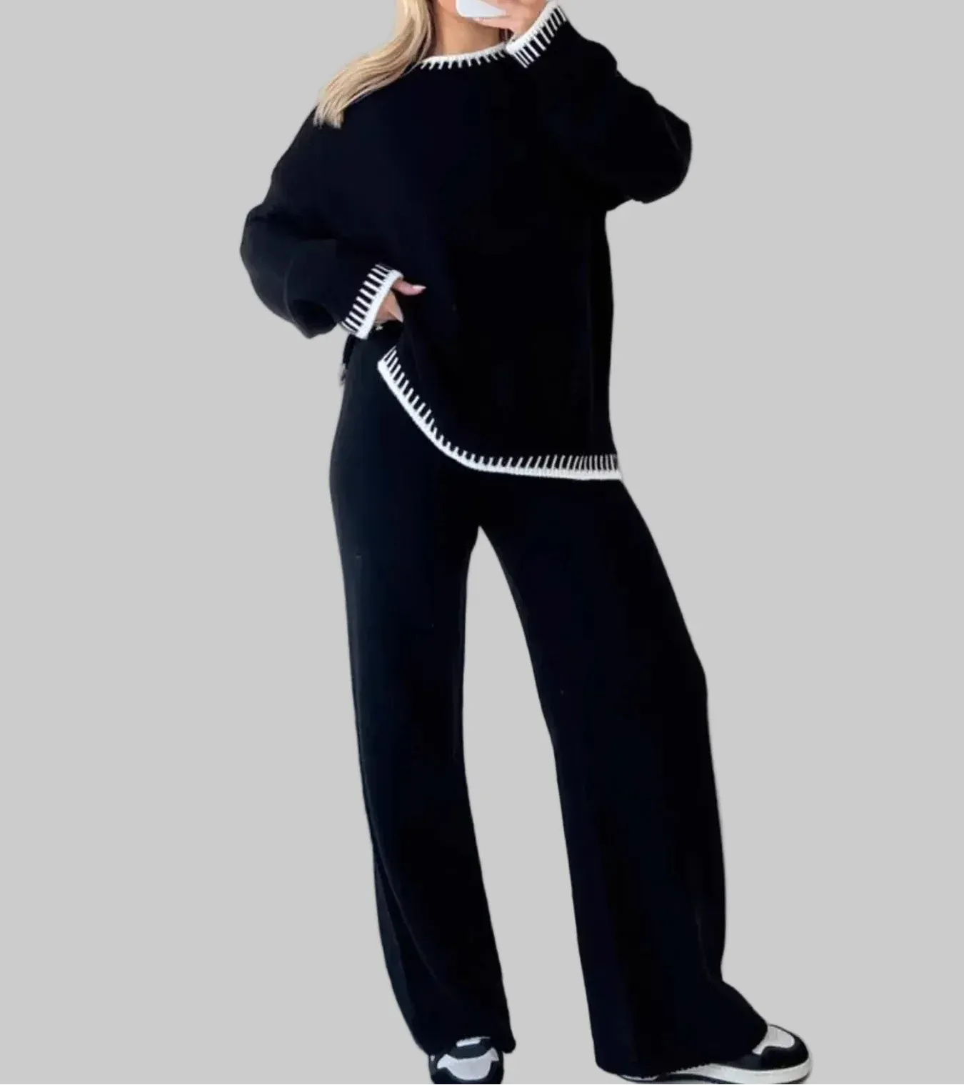 Contrast Trim Round Neck Top and Pants Sweater Set Black / S The Nichole Collection