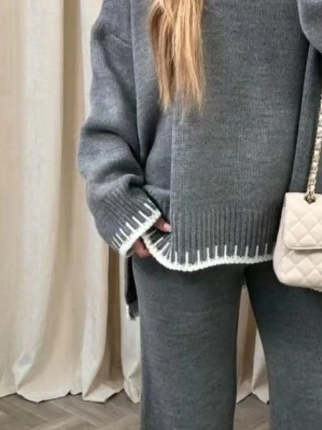 Contrast Trim Round Neck Top and Pants Sweater Set The Nichole Collection