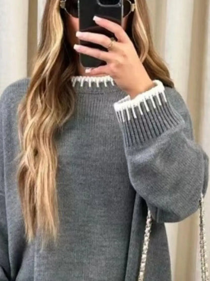 Contrast Trim Round Neck Top and Pants Sweater Set The Nichole Collection