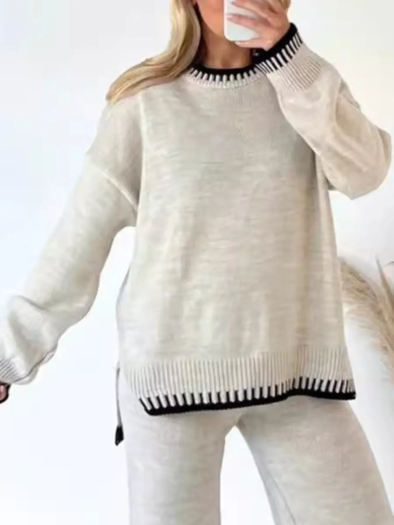 Contrast Trim Round Neck Top and Pants Sweater Set Off-white / S The Nichole Collection