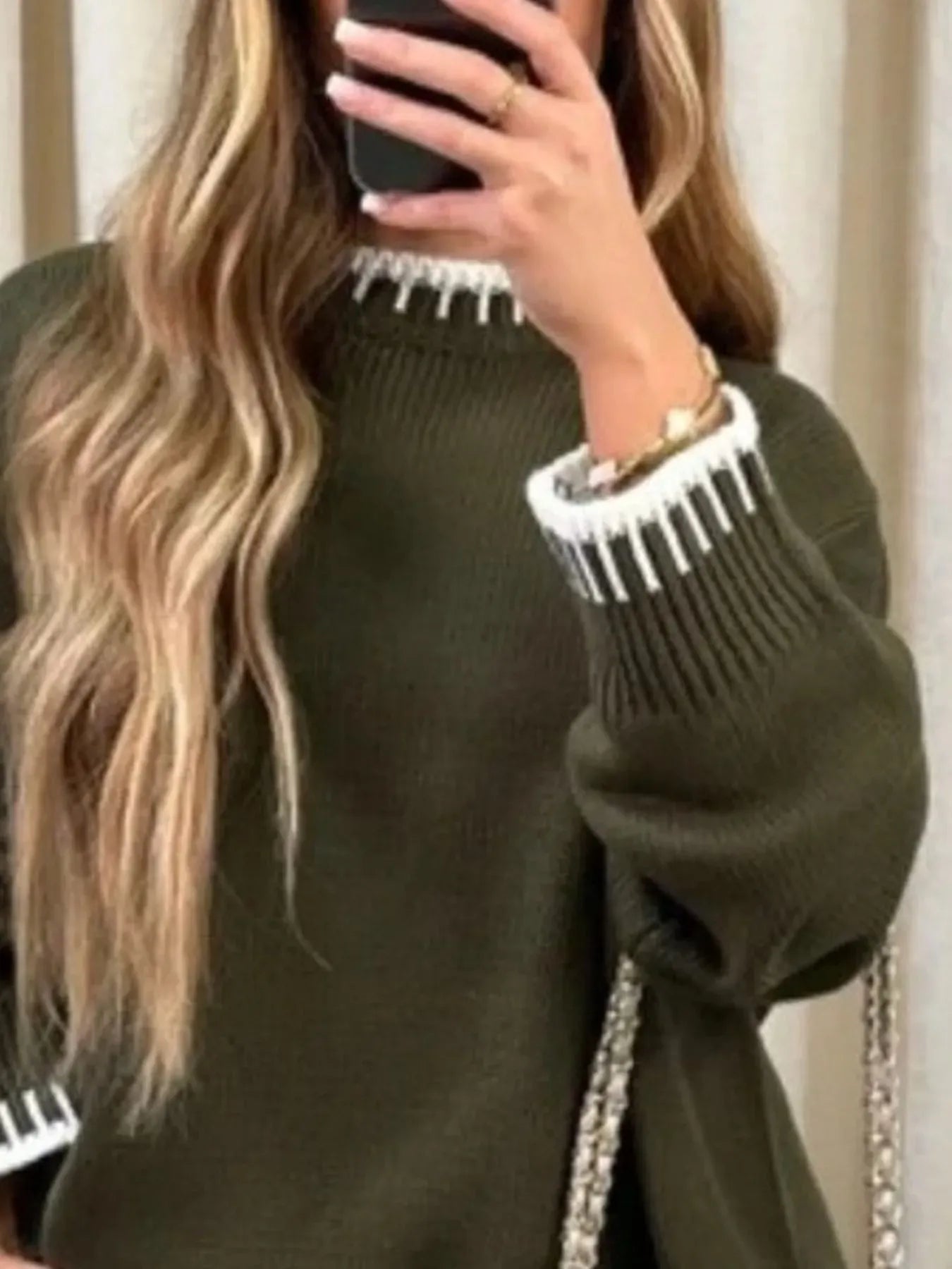 Contrast Trim Round Neck Top and Pants Sweater Set The Nichole Collection