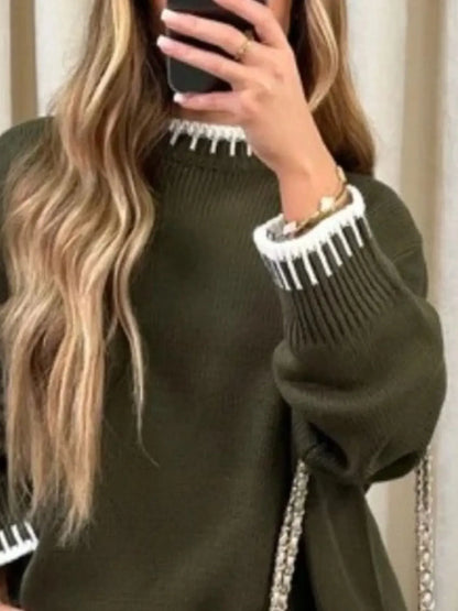 Contrast Trim Round Neck Top and Pants Sweater Set The Nichole Collection