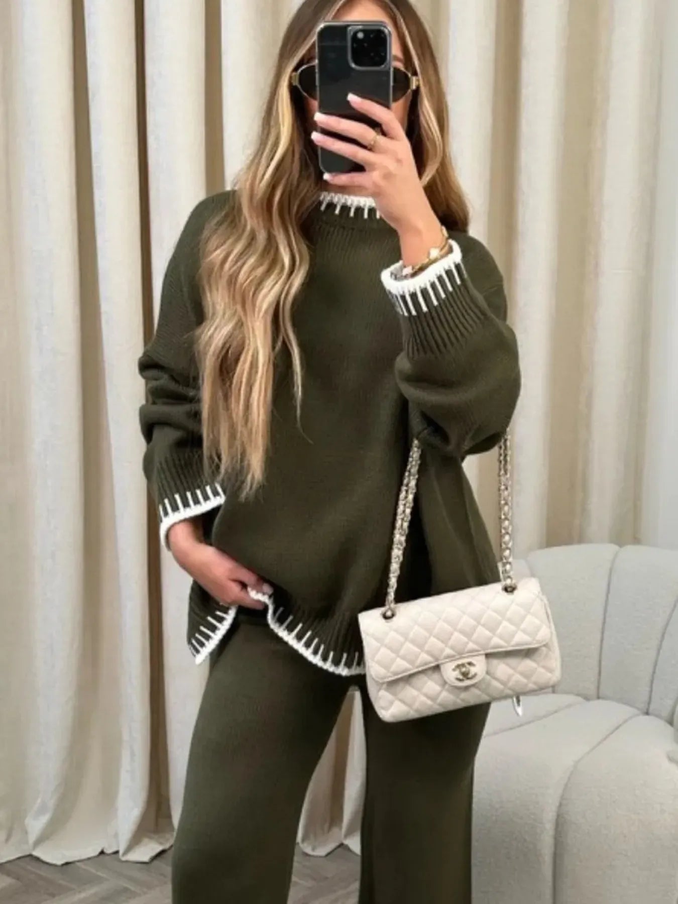 Contrast Trim Round Neck Top and Pants Sweater Set The Nichole Collection