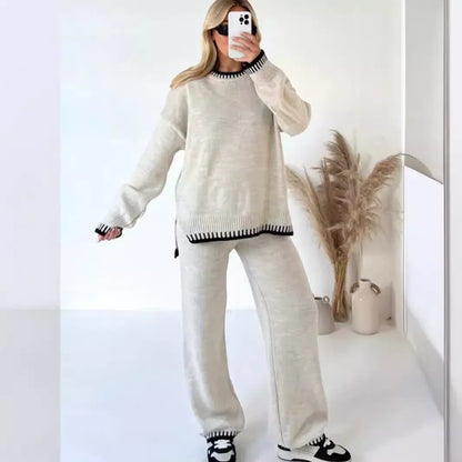 Contrast Trim Round Neck Top and Pants Sweater Set Women's Sets The Nichole Collection