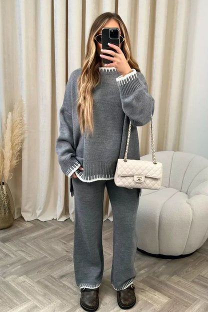 Contrast Trim Round Neck Top and Pants Sweater Set Women's Sets The Nichole Collection
