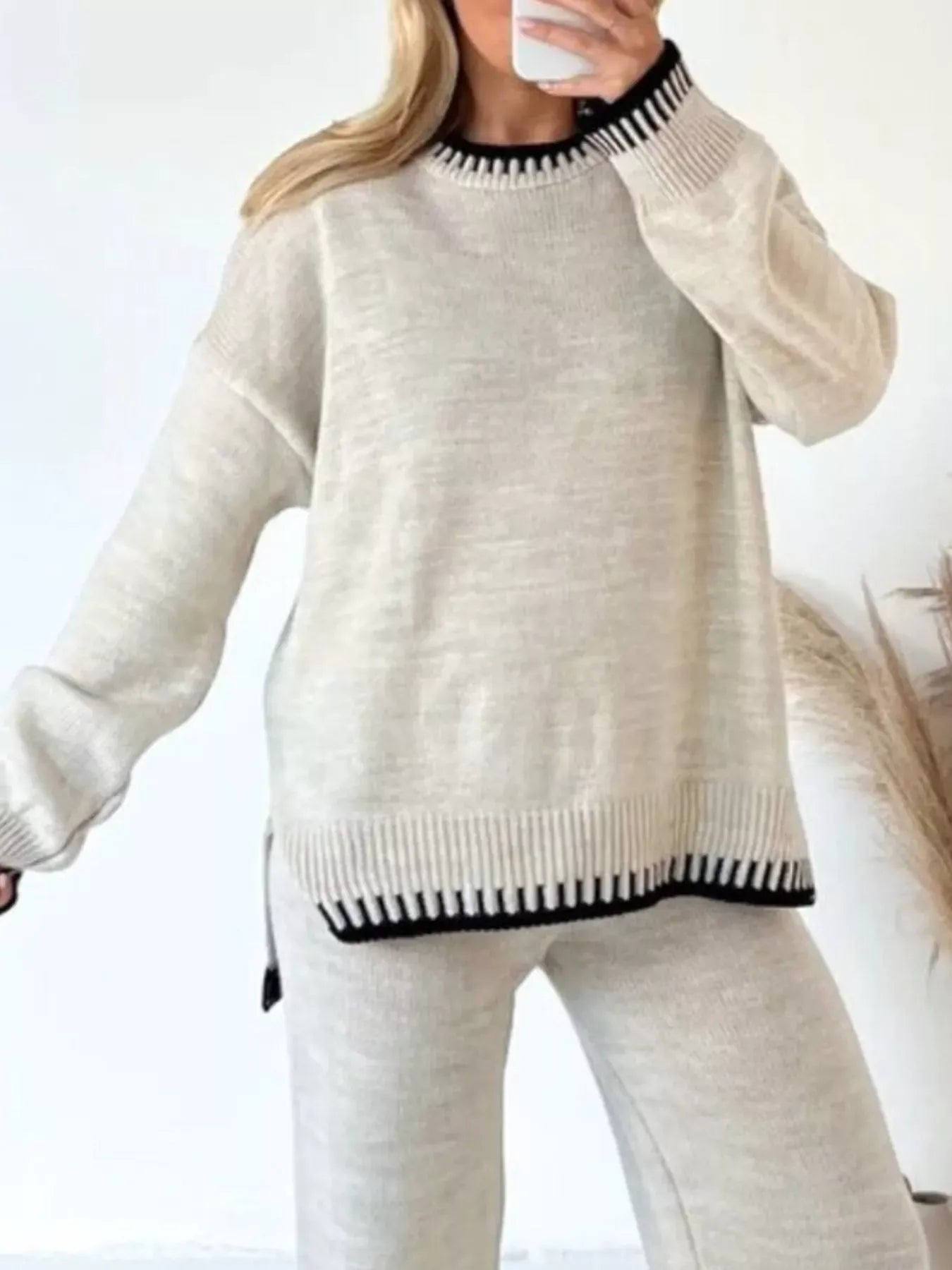 Contrast Trim Round Neck Top and Pants Sweater Set Women's Sets Beige / S The Nichole Collection