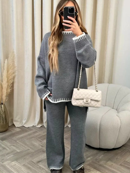 Contrast Trim Round Neck Top and Pants Sweater Set Women's Sets Gray / S The Nichole Collection
