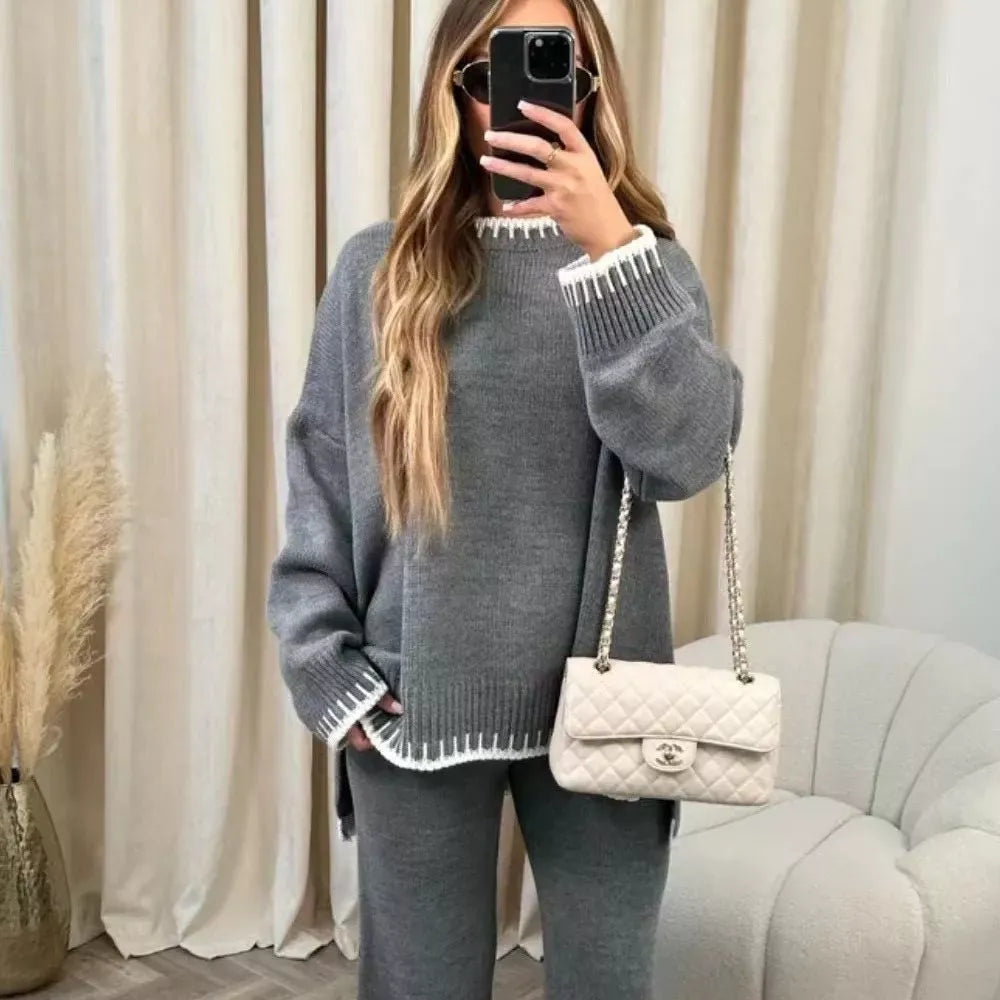 Contrast Trim Round Neck Top and Pants Sweater Set Women's Sets The Nichole Collection