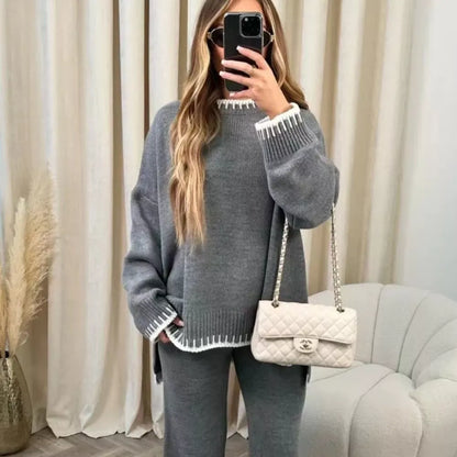 Contrast Trim Round Neck Top and Pants Sweater Set Women's Sets The Nichole Collection