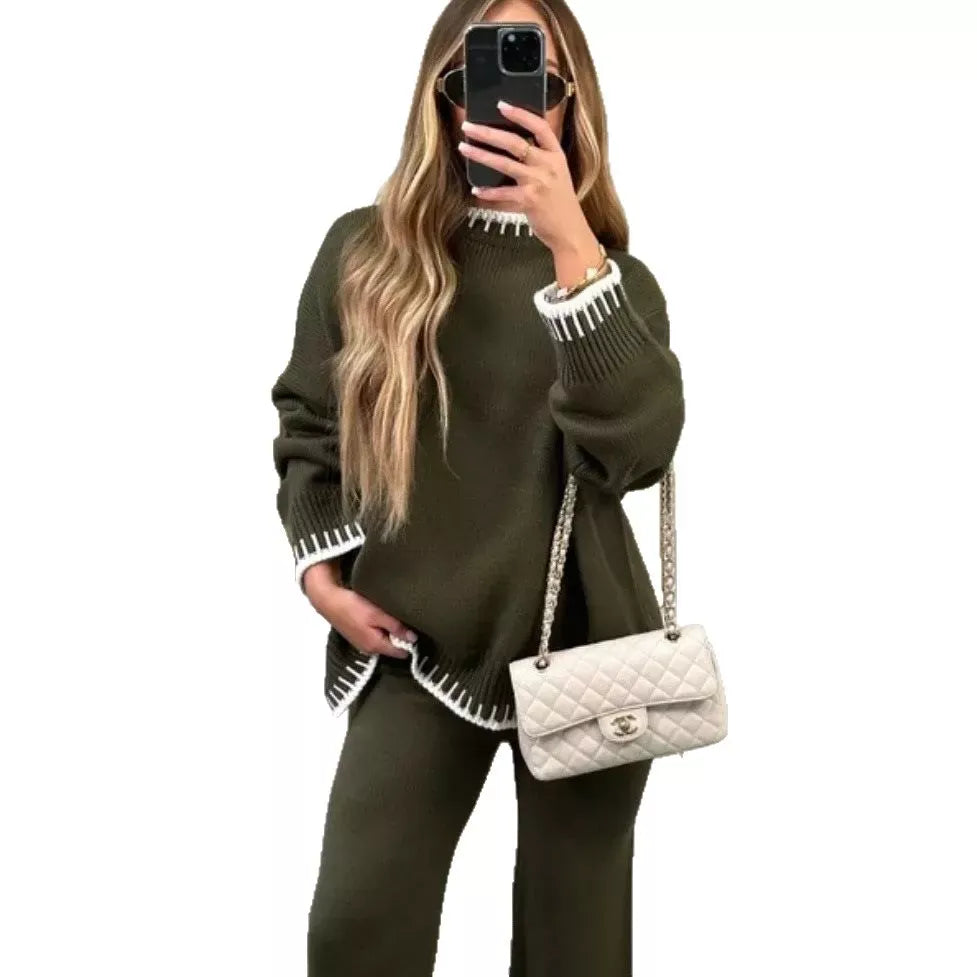 Contrast Trim Round Neck Top and Pants Sweater Set Women's Sets The Nichole Collection