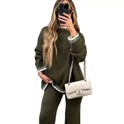 Contrast Trim Round Neck Top and Pants Sweater Set Women's Sets The Nichole Collection