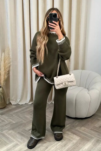 Contrast Trim Round Neck Top and Pants Sweater Set Women's Sets The Nichole Collection
