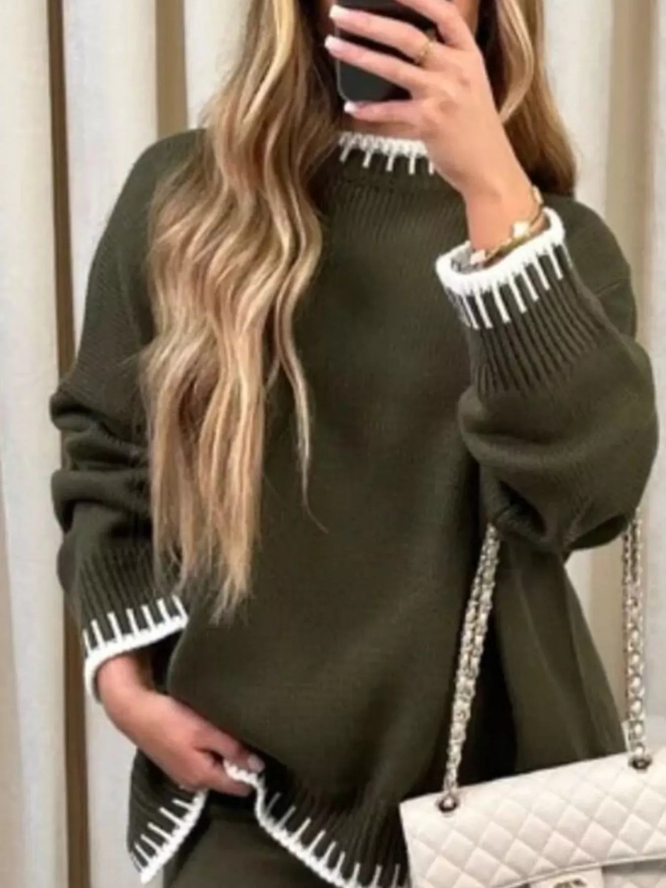 Contrast Trim Round Neck Top and Pants Sweater Set Women's Sets Army Green / S The Nichole Collection