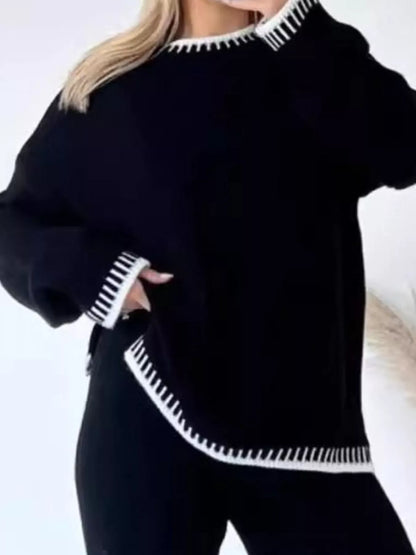 Contrast Trim Round Neck Top and Pants Sweater Set Women's Sets Black / S The Nichole Collection