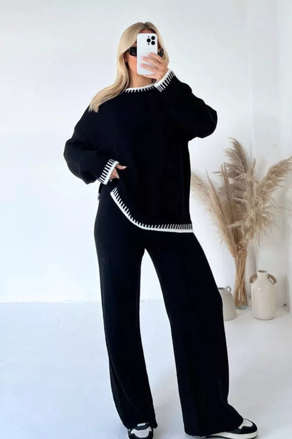 Contrast Trim Round Neck Top and Pants Sweater Set Women's Sets The Nichole Collection