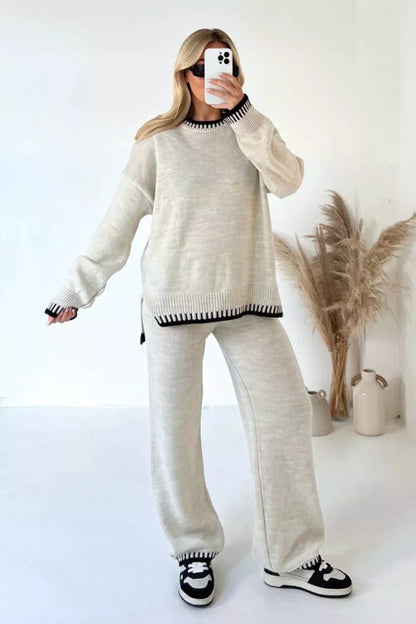 Contrast Trim Round Neck Top and Pants Sweater Set Women's Sets The Nichole Collection