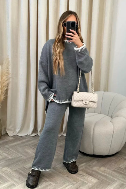 Contrast Trim Round Neck Top and Pants Sweater Set Women's Sets The Nichole Collection