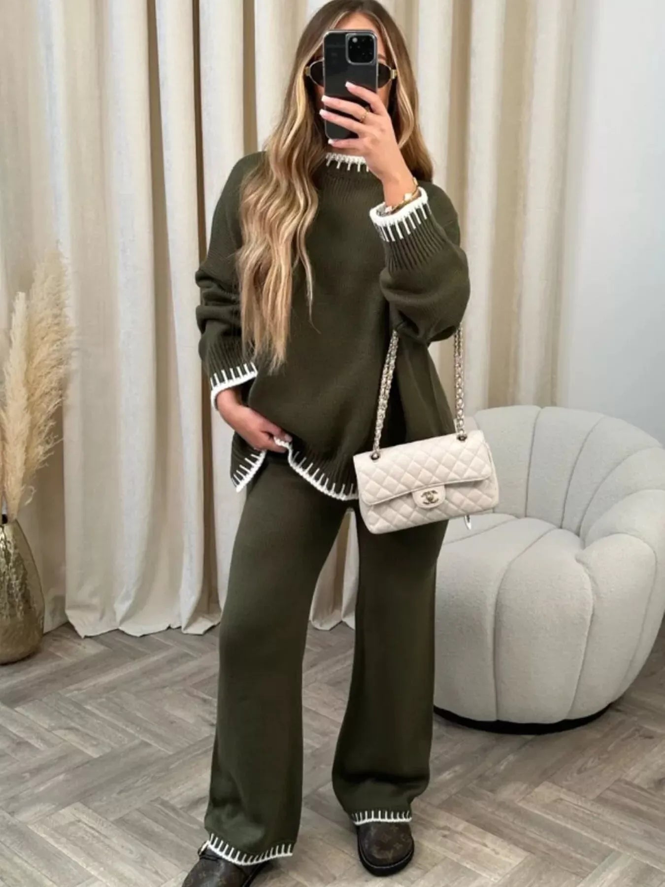 Contrast Trim Round Neck Top and Pants Sweater Set Women's Sets The Nichole Collection