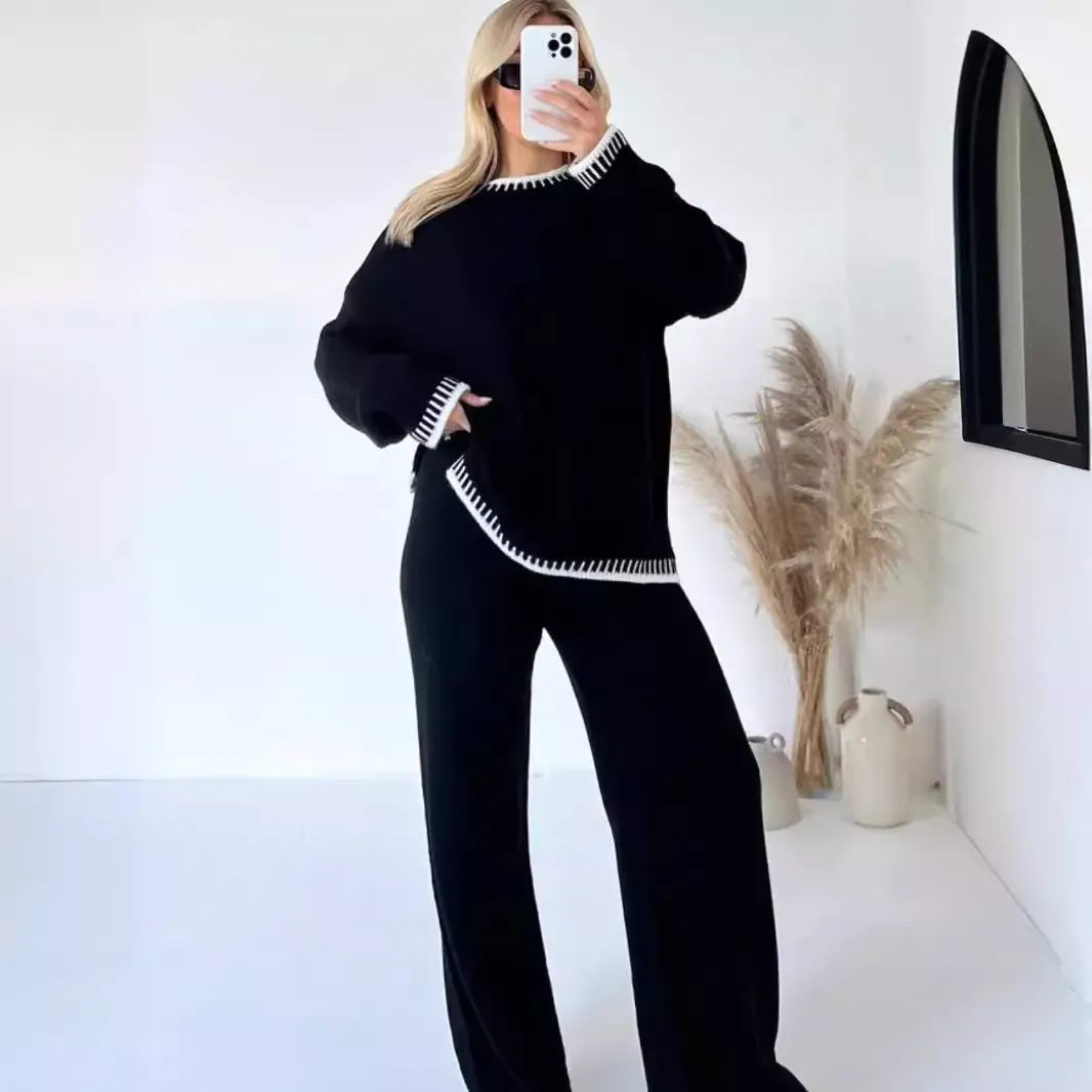 Contrast Trim Round Neck Top and Pants Sweater Set Women's Sets The Nichole Collection