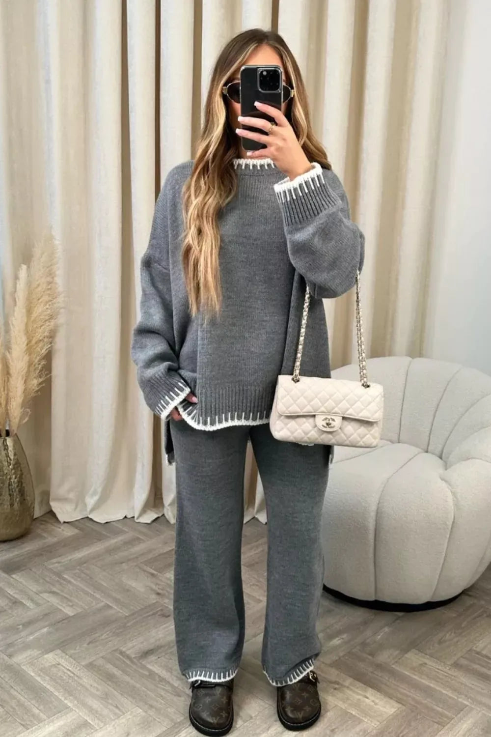 Contrast Trim Round Neck Top and Pants Sweater Set Women's Sets The Nichole Collection