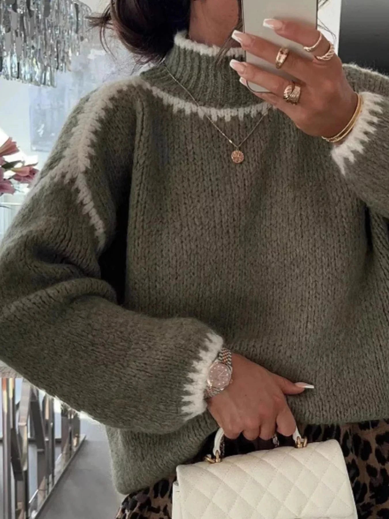 Contrast Trim Turtleneck Long Sleeve Sweater Sweaters Green / S The Nichole Collection